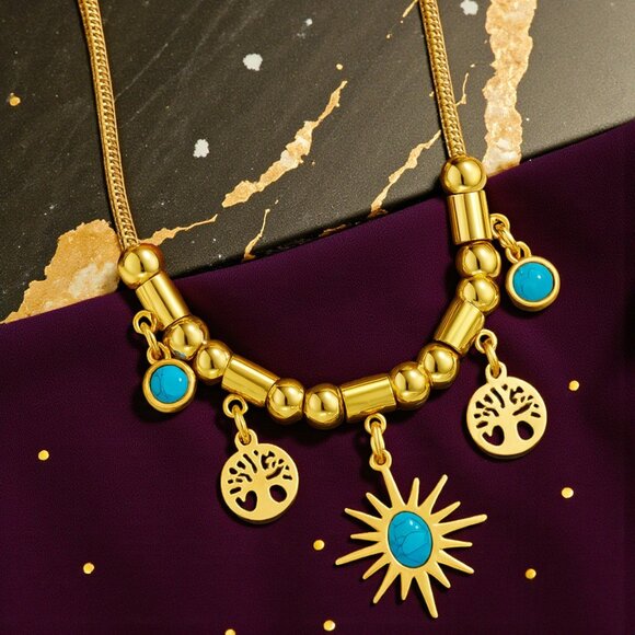 🆕18K Gold Plated Stainless Steel Turquoise Necklace Sun Tree Of Life Charms - Picture 1 of 10